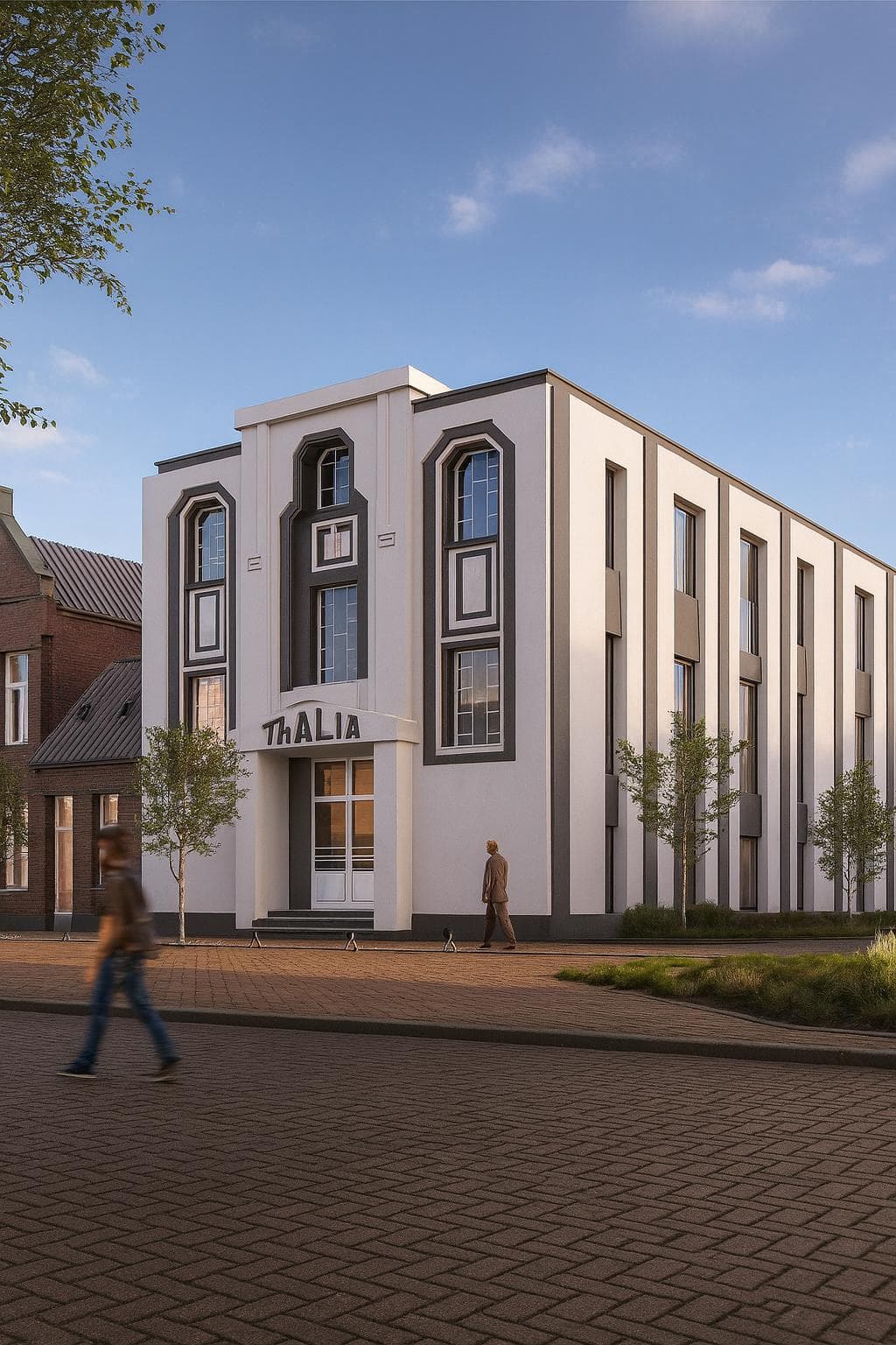 3D-visualisatie van het Thalia Theater in IJmuiden met art-deco gevel bij avondlicht